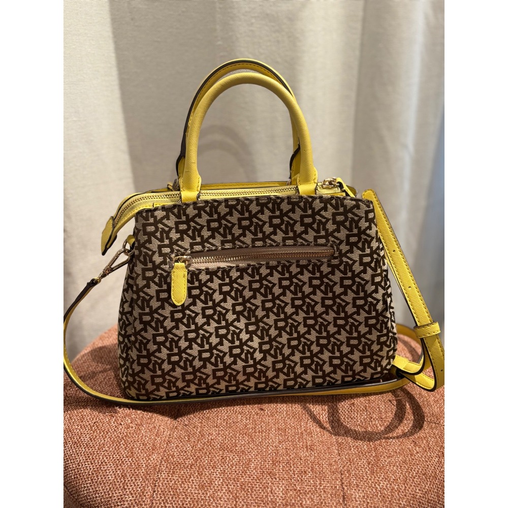 DKNY Monogram Logo Satchel Handbag Yellow Trim Crossbody Bag